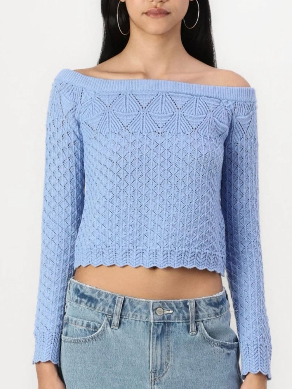 Hollister Womens Blue Pointelle Knit Off Shoulder Crop Sweater Y2K Coquette XXS